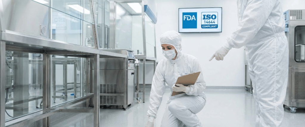 Two cleanroom technicians in full PPE inspect sterile pharmaceutical equipment in an FDA and ISO 14644 compliant facility