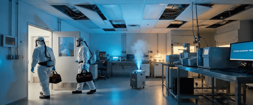 Two hazmat-suited technicians enter a sterile lab carrying gear while a decontamination device emits vapor amid equipment