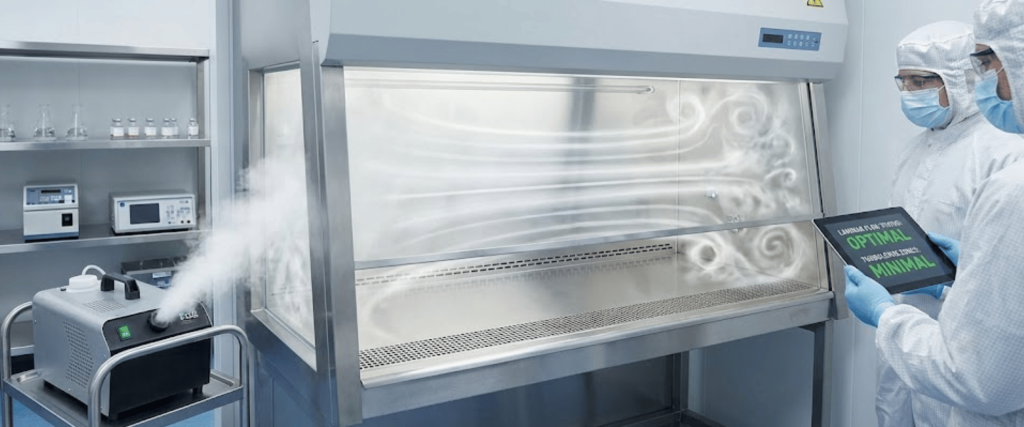 Two lab technicians in cleanroom suits monitor airflow visualization at a biosafety cabinet using a tablet while a fog generator produces visible airflow trails