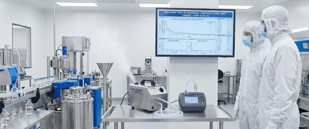 Two lab technicians in full PPE and masks inspect testing equipment and data screens inside a sterile pharmaceutical production room