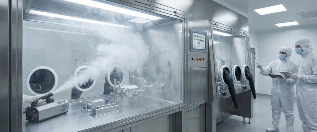 Two lab technicians in full protective suits observe and record a smoke dispersal test inside a stainless steel glovebox in a cleanroom