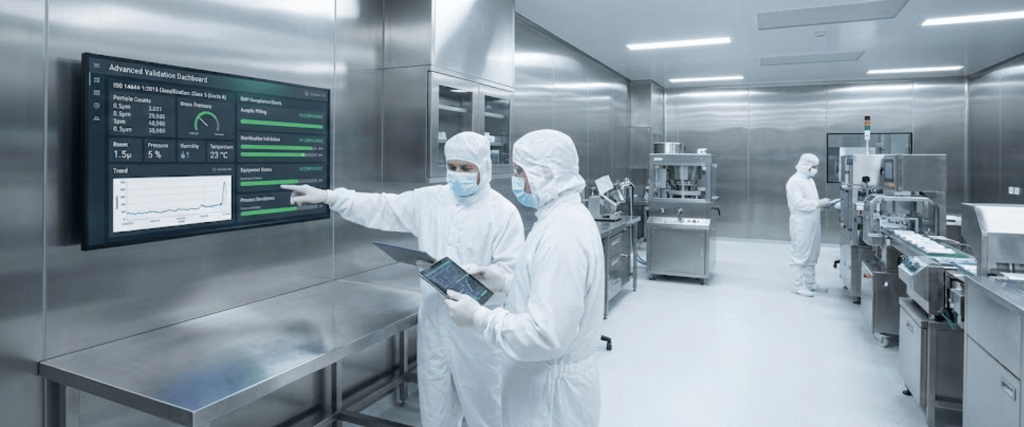 Two technicians in cleanroom suits monitor validation dashboard and inspect automated pharmaceutical production equipment in stainless lab