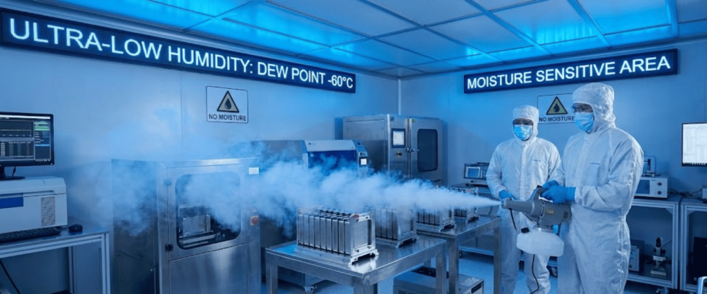 Two technicians in cleanroom suits spray inert fog over battery cells inside an ultra-low humidity, moisture-sensitive lab