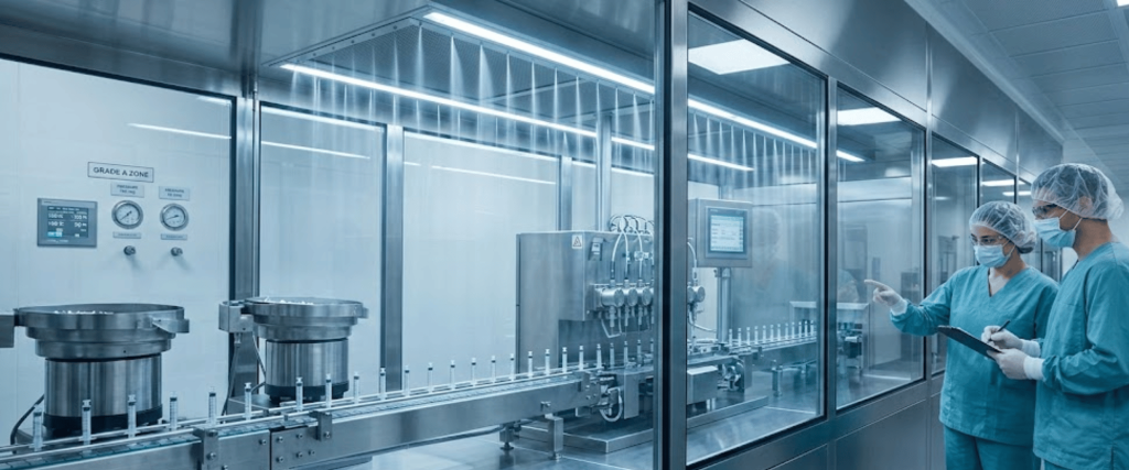 Two technicians in sterile scrubs inspect and monitor an automated pharmaceutical bottling line through a glass partition