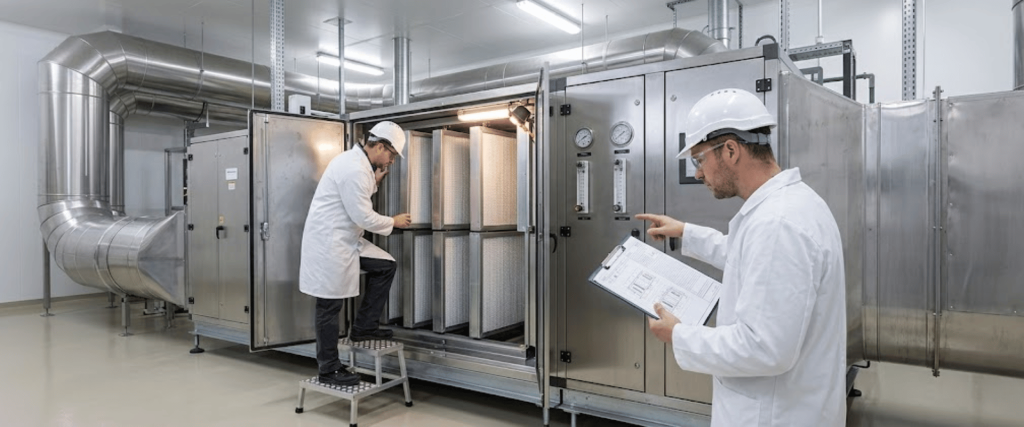 Two technicians in white coats and hard hats inspect and service a large industrial air filtration and ventilation unit in a plant