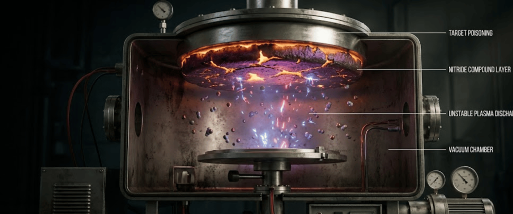 Vacuum chamber device with glowing unstable plasma discharge, nitride layer and target poisoning labels