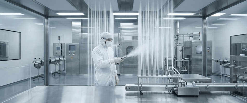 Worker in full cleanroom suit sanitizing stainless steel production line and machinery inside a sterile pharmaceutical facility