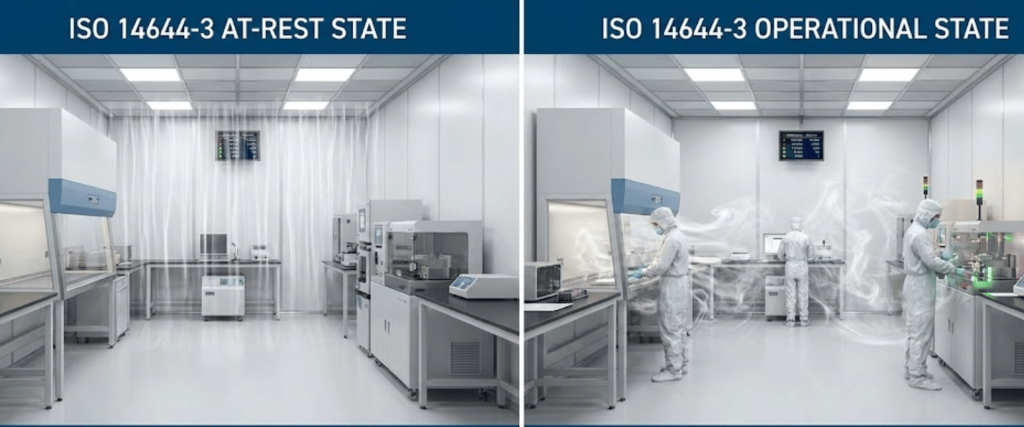 cleanroom at-rest with empty workstations, operational cleanroom with technicians in full PPE and airflow visualized