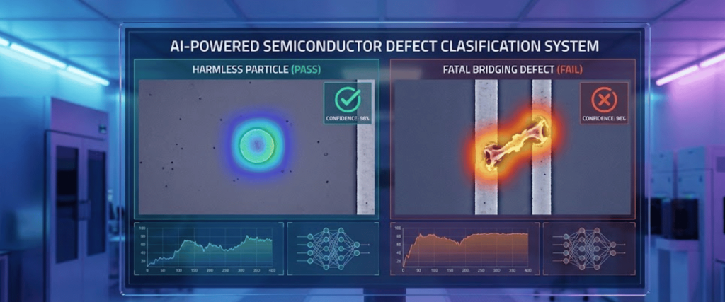 harmless particle marked PASS with heatmap and graphs; right a fatal bridging defect marked FAIL with heatmap, confidence badges, and neural network diagrams