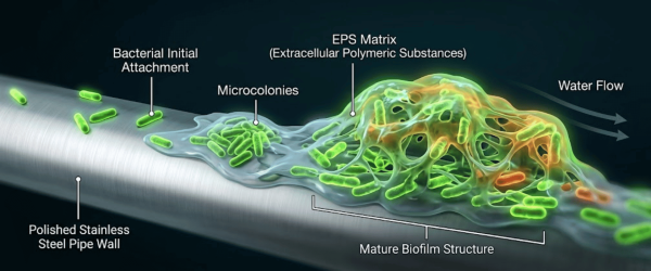 Bacteria forming microcolonies and a mature biofilm matrix on a stainless steel pipe wall with water flow indicated