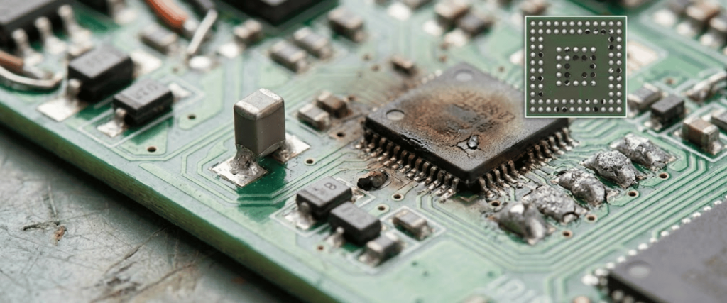 Burned and corroded circuit board with damaged microchip, solder blobs, and exposed traces showing electronic failure