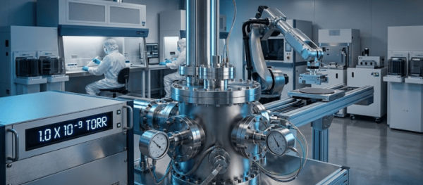 Cleanroom lab with technicians in protective suits operating high‑vacuum equipment and a robotic arm handling semiconductor wafers