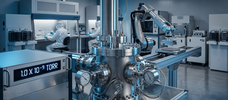 Cleanroom lab with technicians in protective suits operating high‑vacuum equipment and a robotic arm handling semiconductor wafers