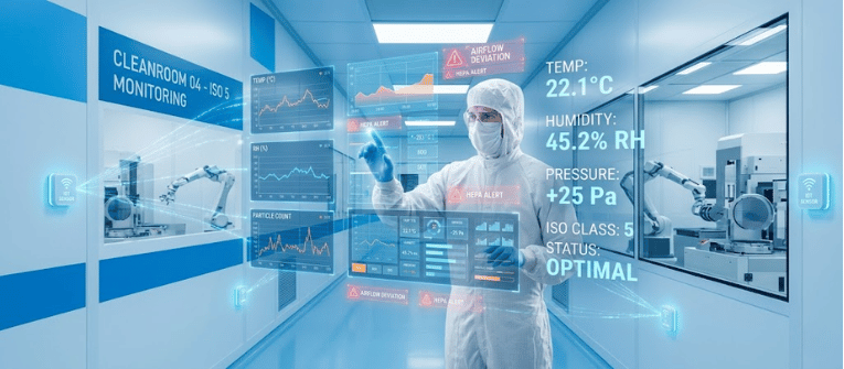 Cleanroom technician in full gown interacting with transparent monitoring displays showing temperature, humidity, pressure, and particle graphs