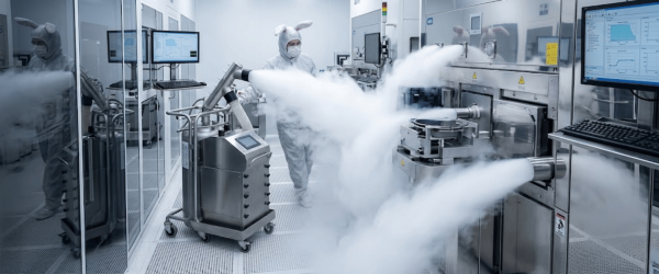 Cleanroom technician in protective suit operating machinery that emits dense vapor while monitors display data