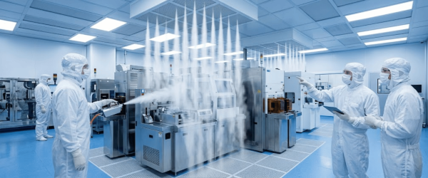 Cleanroom technicians in full protective suits operate and inspect semiconductor manufacturing equipment in a bright, sterile fab