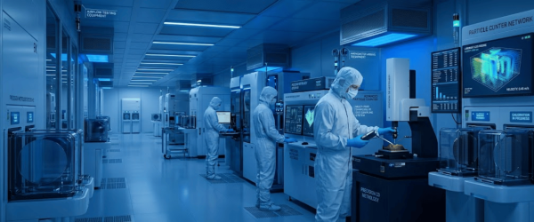 Cleanroom technicians in full protective suits operate precision metrology and testing equipment in a high-tech semiconductor fabrication lab