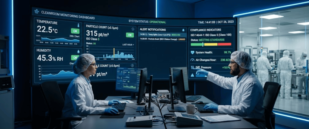Cleanroom technicians in protective gear monitoring environmental dashboards showing temperature, humidity, and particle counts
