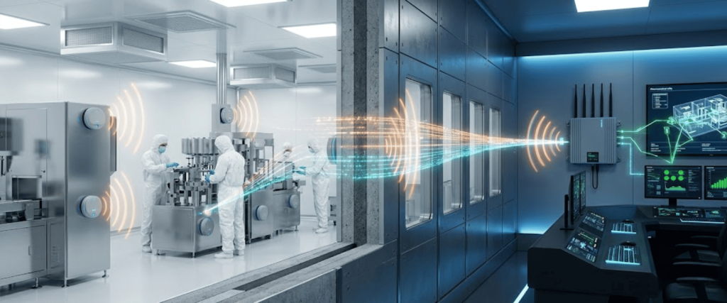 Cleanroom technicians in protective suits operating automated pharmaceutical equipment, monitored remotely from a control room