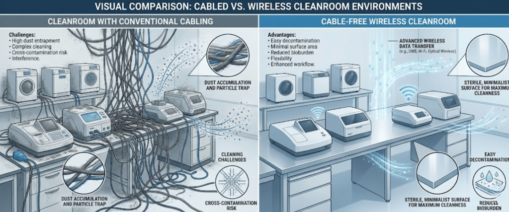 Cluttered cabled cleanroom with tangled wires and dust trapping vs. sleek cable-free wireless cleanroom with minimal surfaces and easy decontamination