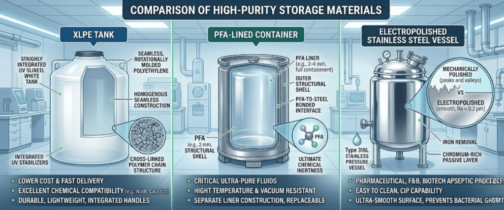 Comparison chart of three high-purity storage materials: XLPE tank, PFA-lined container, and electropolished stainless steel vessel with key features