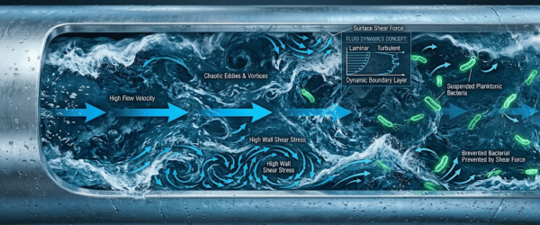 Cross-section of turbulent pipe flow showing high-velocity core, chaotic eddies, wall shear stress, and suspended planktonic bacteria