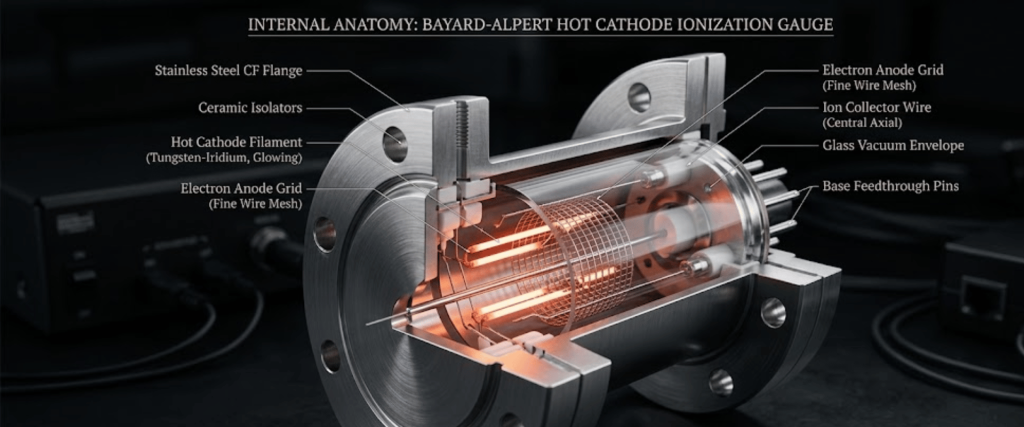 Cutaway view of a glowing Bayard-Alpert hot cathode ionization gauge with labeled parts and stainless steel flange
