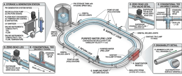 Diagram of purified water loop system with storage tank, supply/return loops, sanitary fittings, zero-dead-leg valves, and sanitization module