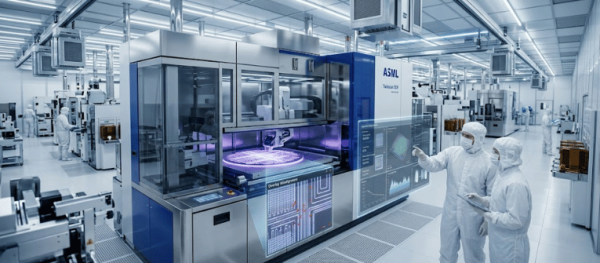 Engineers in cleanroom suits inspect a semiconductor fabrication machine with holographic wafer displays and data panels