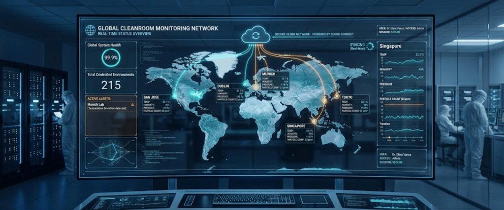 Global cleanroom monitoring dashboard showing world map, connected lab sites, real-time metrics, alerts, and technicians working in a control room