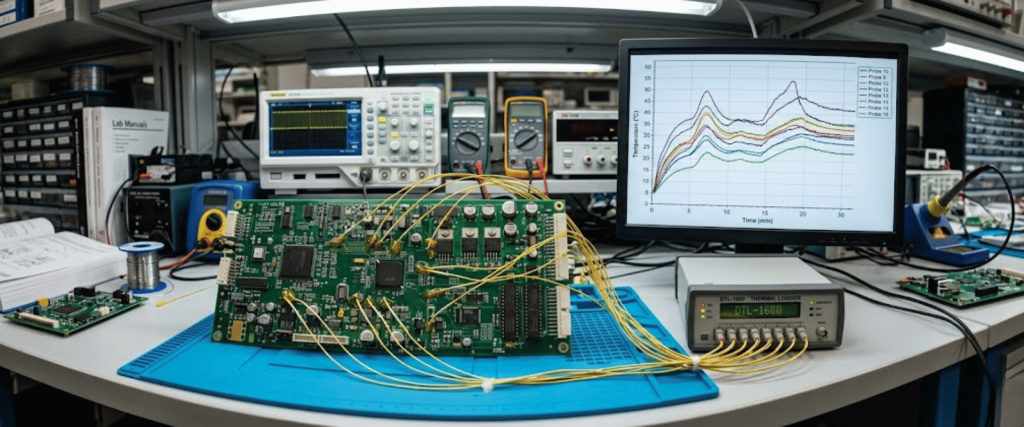Green circuit board on a lab bench with yellow test leads connected to measurement equipment and a monitor showing multicolored signal graphs