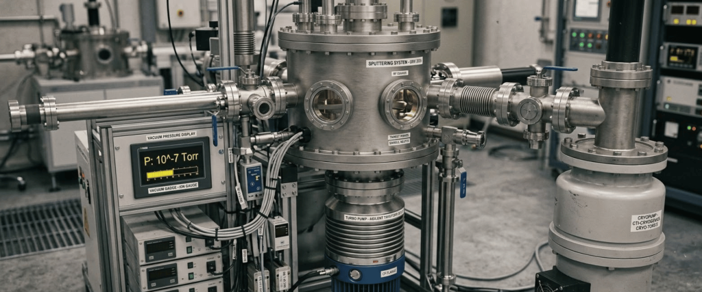 High-vacuum sputtering system with stainless steel chambers, gauges, and wiring on a lab floor