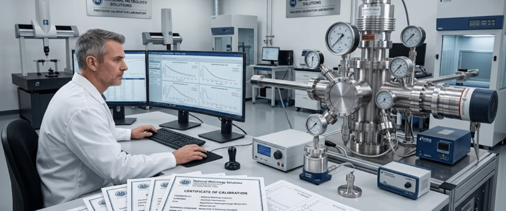 Lab technician in white coat analyzing calibration data on dual monitors beside precision vacuum instrumentation and certification reports