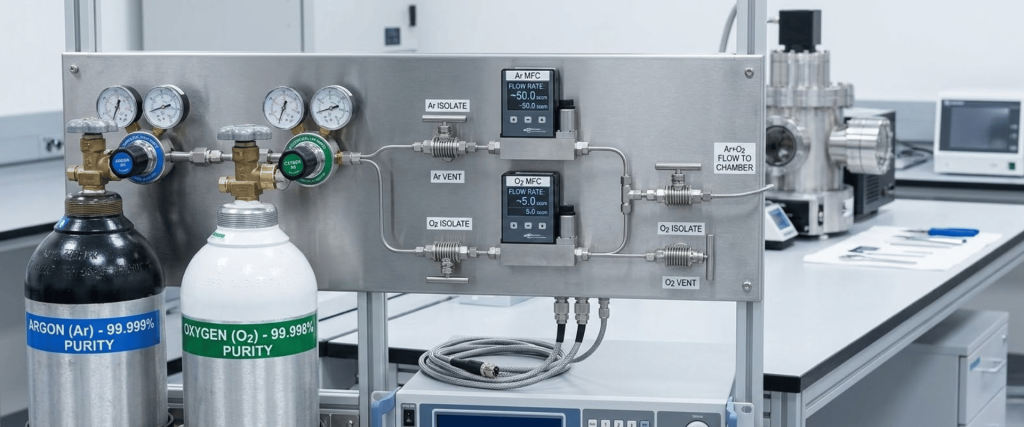 Laboratory gas delivery panel with argon and oxygen cylinders, regulators, flow controllers, and connected tubing on a bench