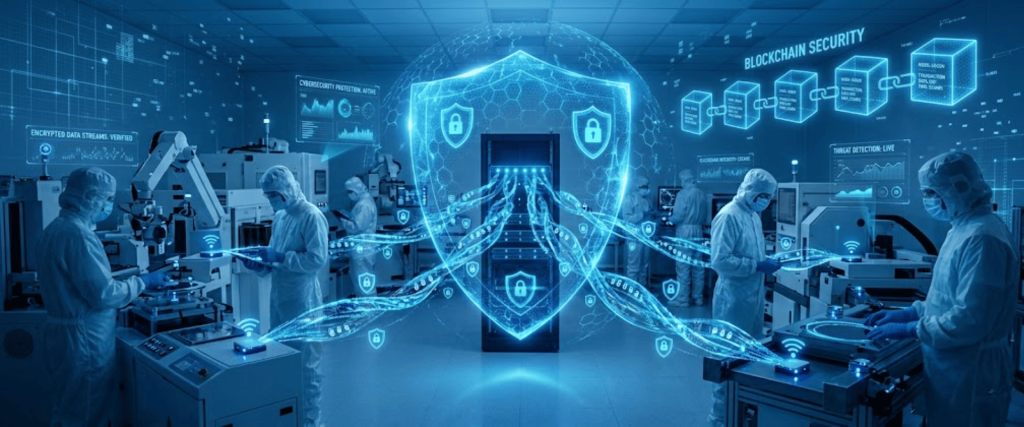 Laboratory technicians in cleanroom suits monitor advanced semiconductor equipment with glowing holographic cybersecurity shield and data streams
