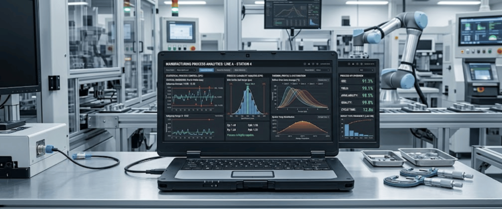 Laptop in a high-tech factory showing manufacturing process analytics on screen, surrounded by robotic arms and precision tools