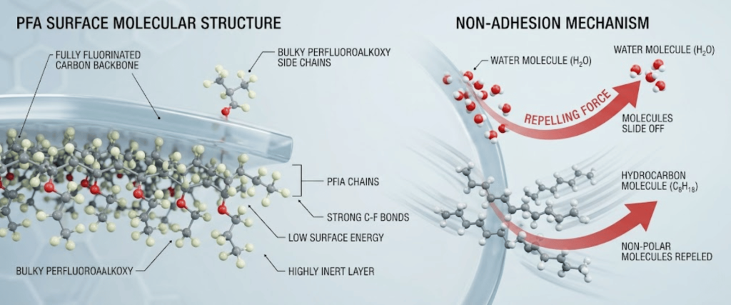 PFA surface molecular structure diagram on left showing perfluorinated carbon backbone and bulky side chains