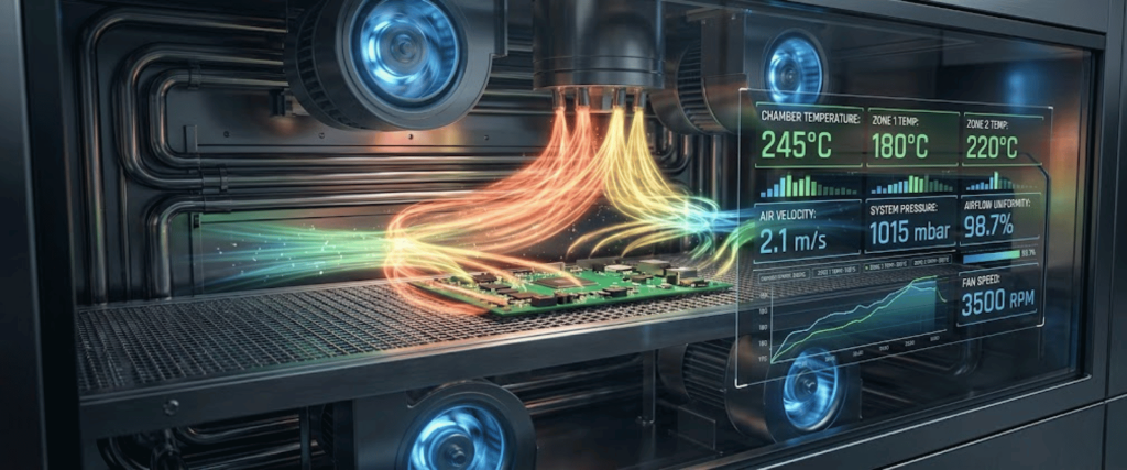 Printed circuit board inside a high-tech chamber with colored airflow streams and transparent display showing temperatures, velocity, pressure, and fan RPM