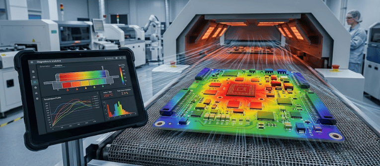 Printed circuit board moving through a thermal inspection tunnel with heatmap overlay and diagnostic tablet showing temperature graphs