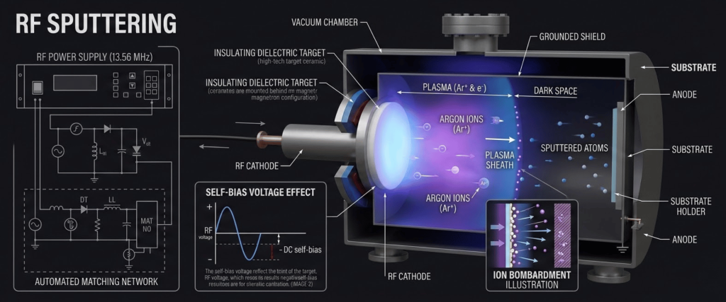 RF sputtering vacuum chamber diagram showing RF power supply, cathode, plasma with argon ions, sputtered atoms, substrate and ion bombardment