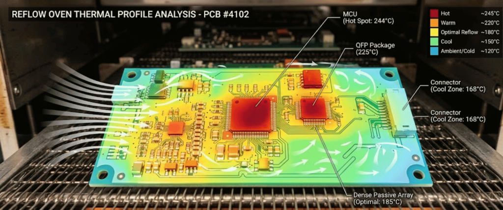 Reflow oven thermal profile overlaid on a PCB showing hot MCU and QFP hotspots, connectors in cool zones, and airflow