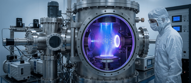 Scientist in cleanroom suit observing a vacuum chamber with glowing blue plasma and high-tech stainless steel instrumentation
