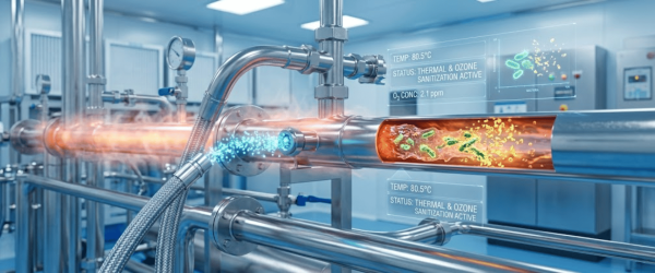 Stainless steel processing pipes with thermal and ozone sanitization, glowing fluid flow and microbial particles being neutralized