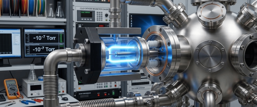 Stainless-steel vacuum chamber with connected pipes and glowing blue plasma tube module in a high-tech lab