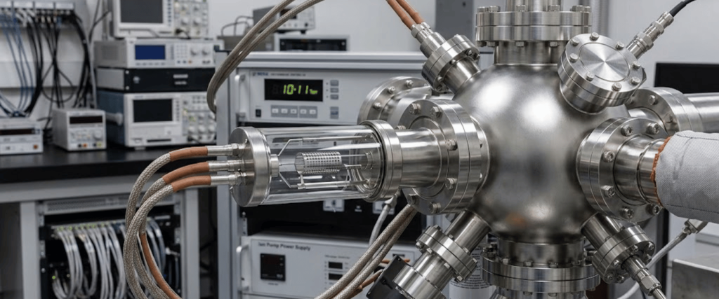 Stainless-steel vacuum chamber with multiple ports, cables, and a glass feedthrough connected to lab instruments and power supplies