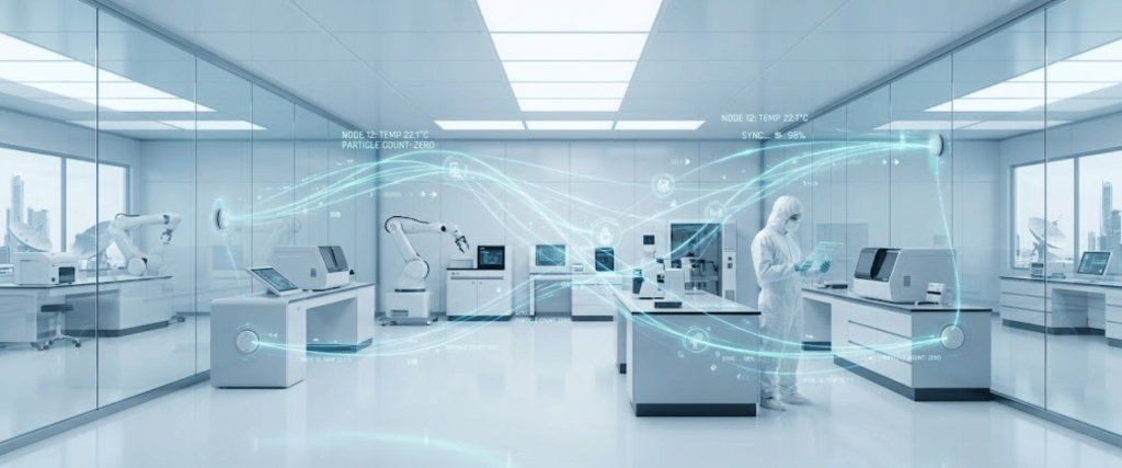 Sterile, high-tech laboratory with robotic arms, workstations, and a gloved technician inspecting a tablet amid digital data overlays