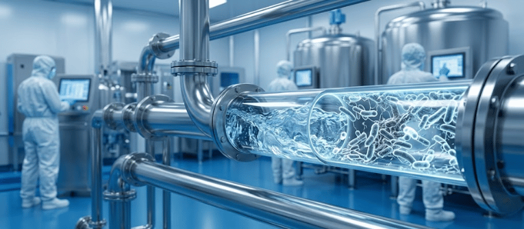 Sterile lab technicians monitor stainless steel bioreactor piping showing microscopic bacteria flowing inside a transparent section