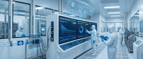 Sterile lab with technicians in full cleanroom suits monitoring large digital control screens and instruments for water quality and sensors