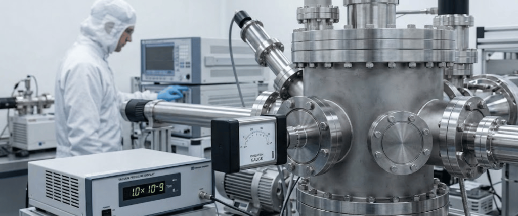 Technician in cleanroom suit operating vacuum instrumentation beside large stainless-steel scientific vacuum chamber and gauges