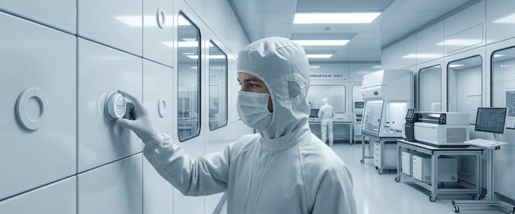 Technician in full cleanroom suit adjusting a wall control inside a sterile laboratory filled with instruments and workstations